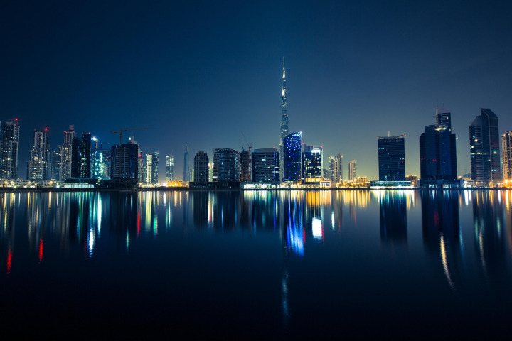 waterfront financial district at night